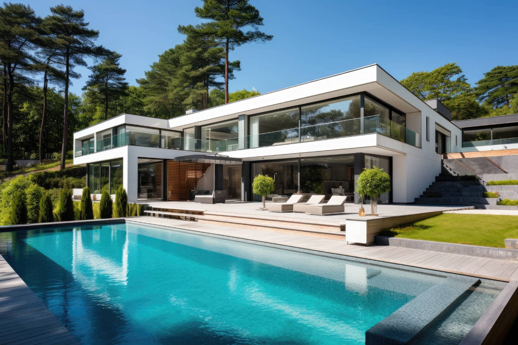A modern villa with a pool.