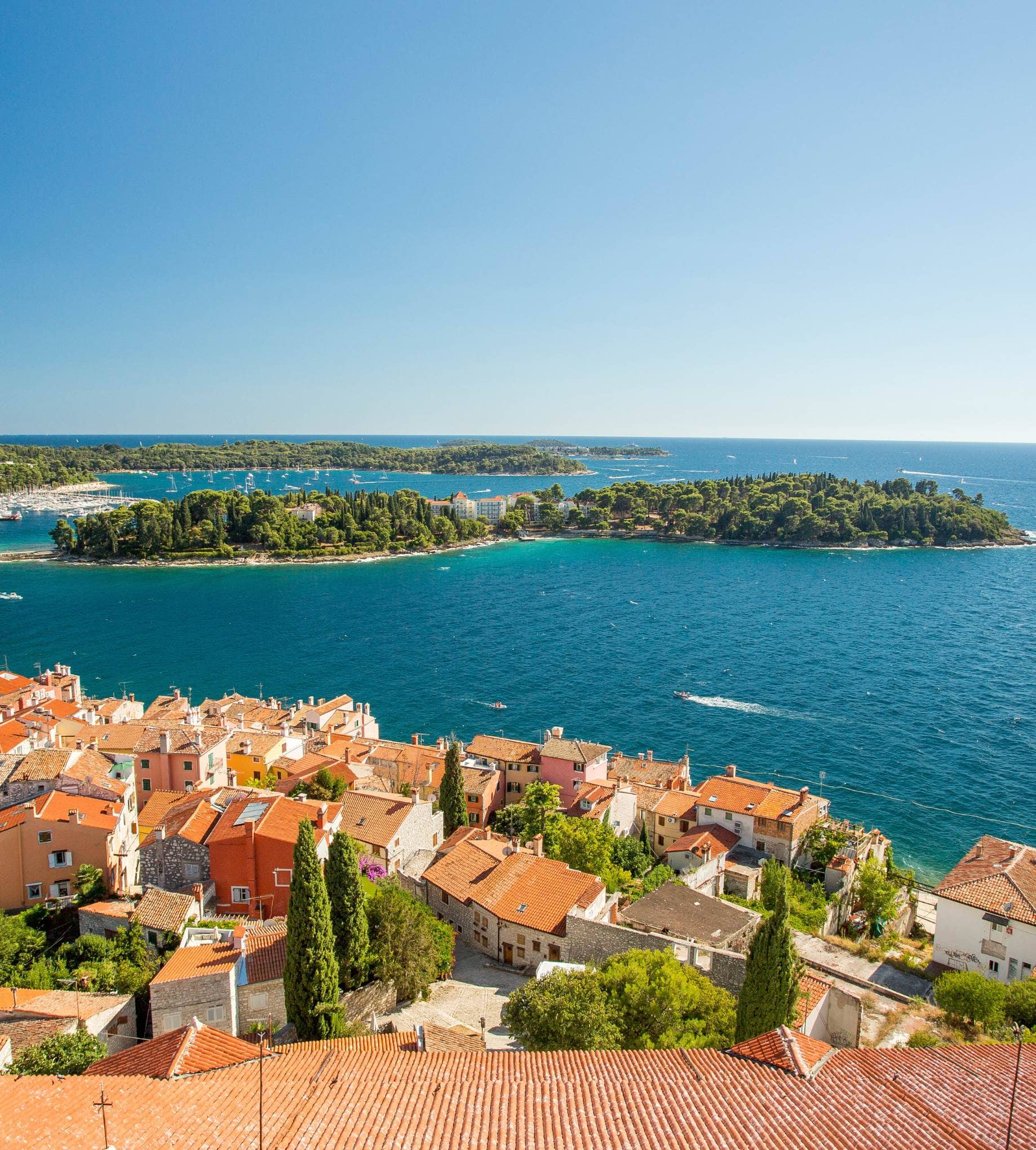 View over the roofs of Rvoinj in Istria and its coast.