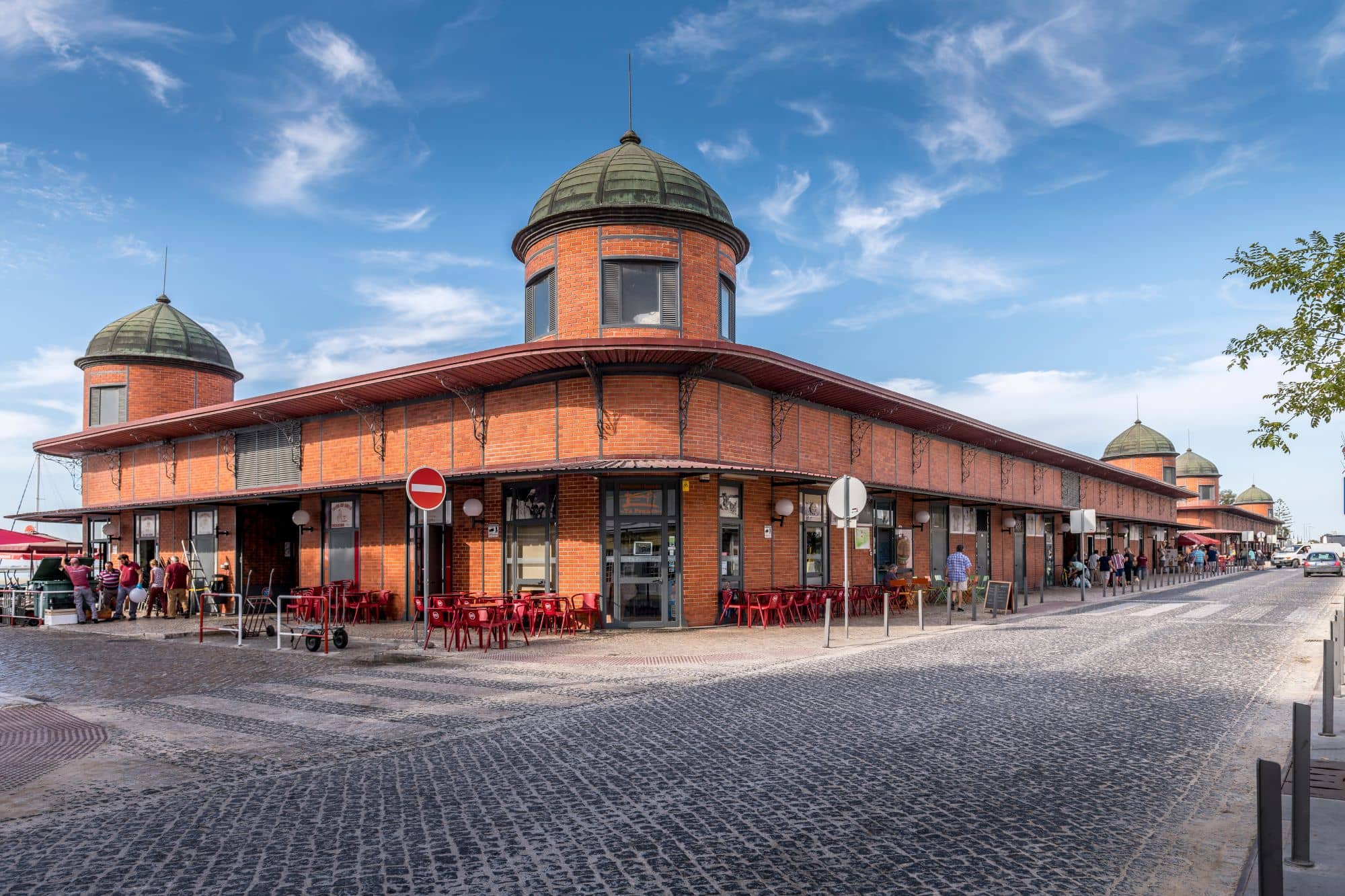The red building of the fish market in Olhão in Portugal.