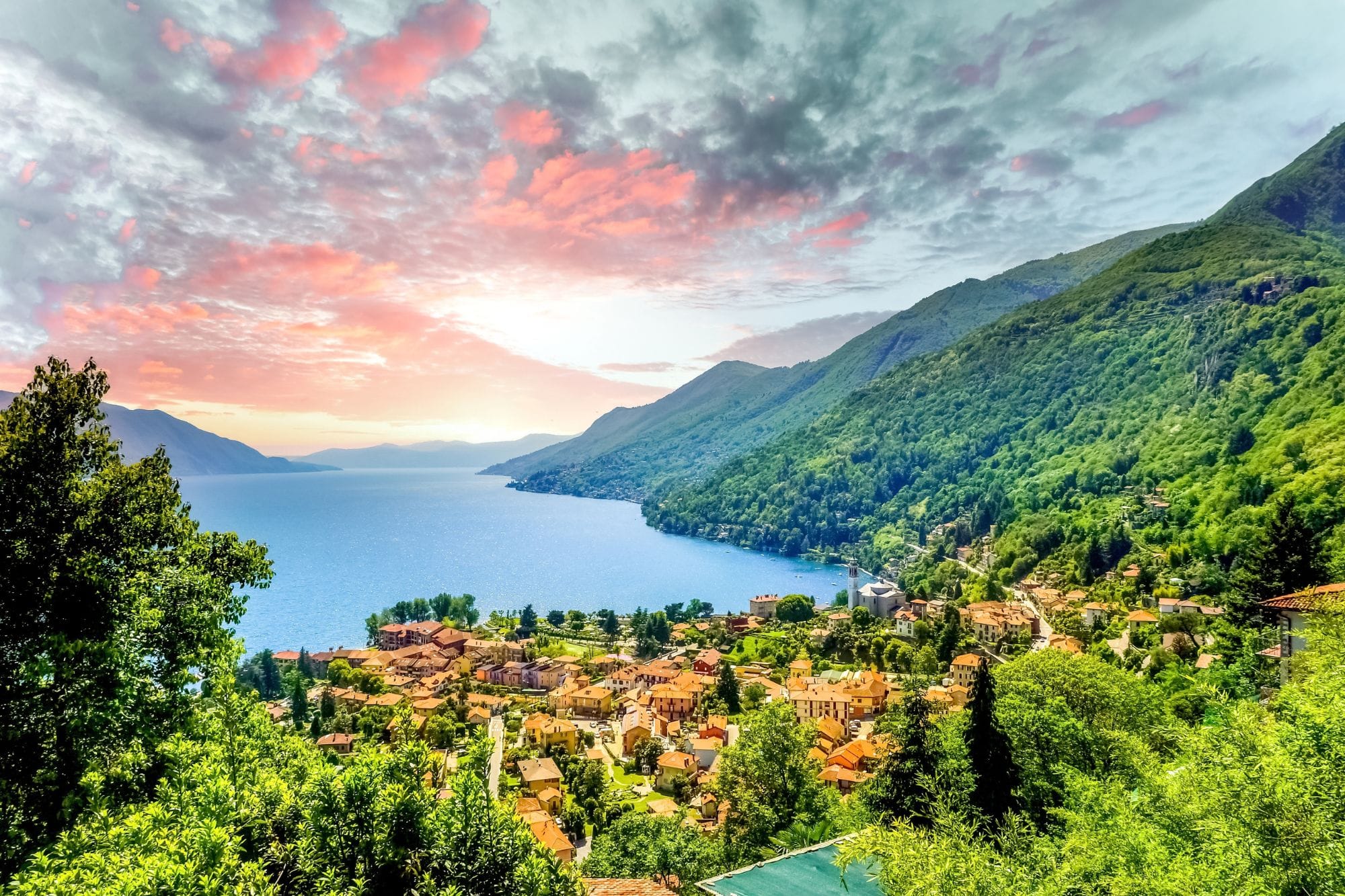 View of an Italian village and Lake Maggiore by dawn.