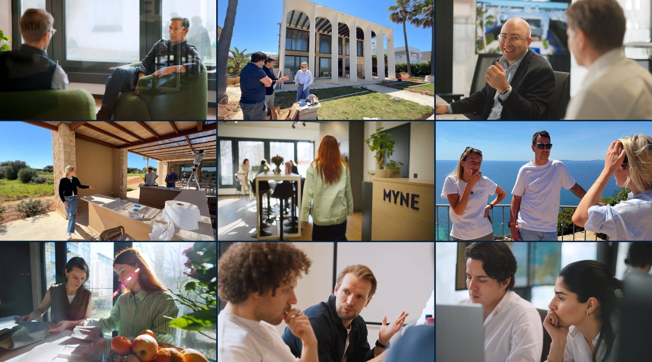 Grid of 9 images of MYNE employees working in the office or at the properties