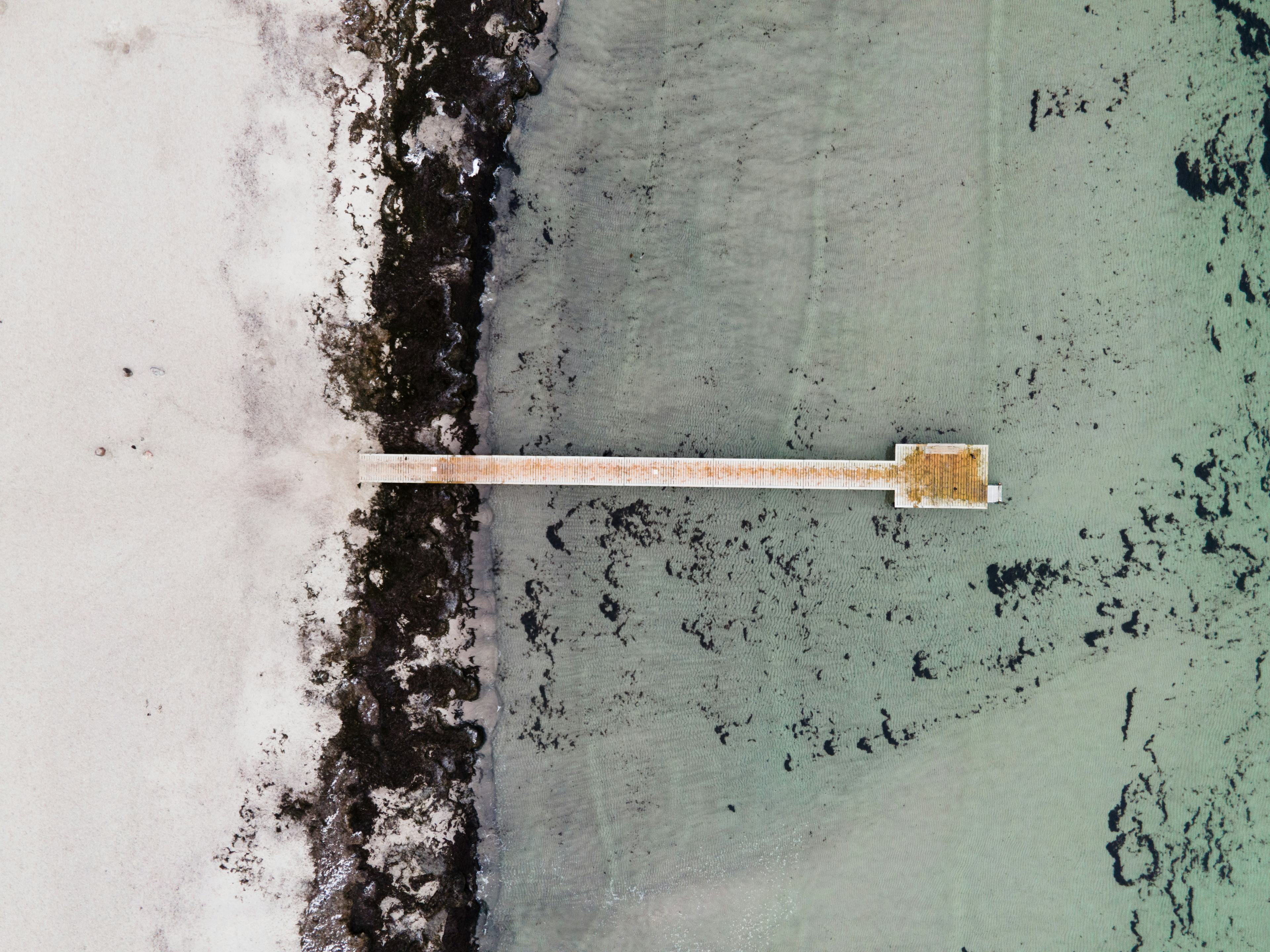 Beach covered with snow in bird's eye view. The water is covered with a layer of ice and snow. A wooden footbridge leads into the water.